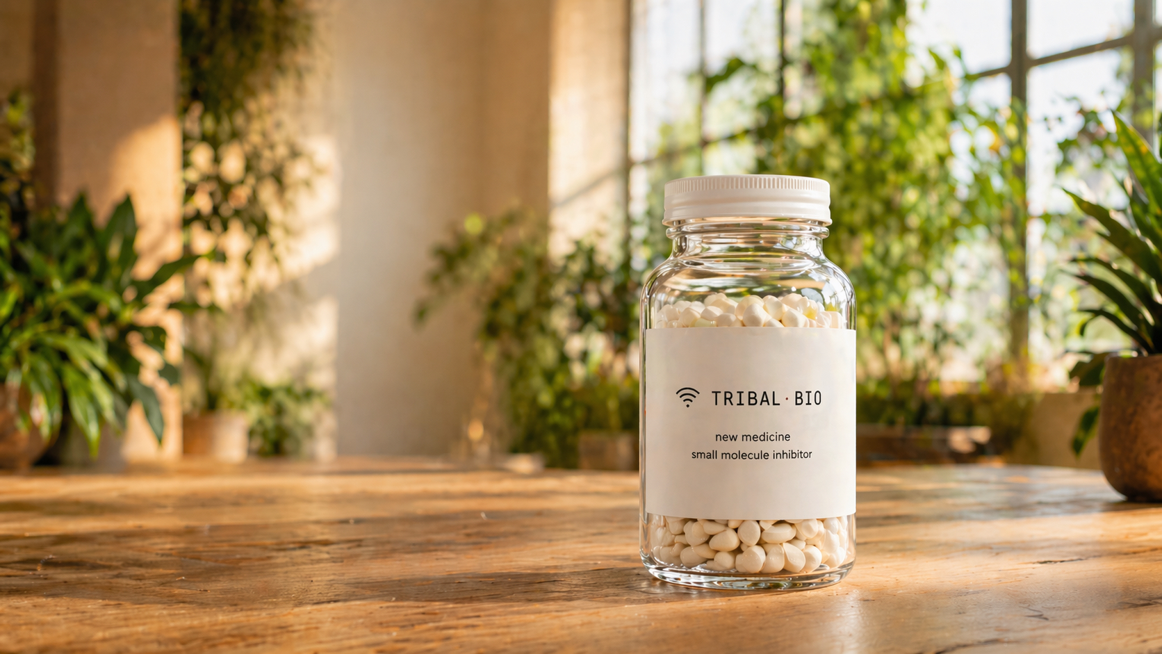 A glass jar of white tablets on a warm wooden table, labelled Tribal·Bio · new medicine · small molecule inhibitor, with afternoon light filtering through plants.